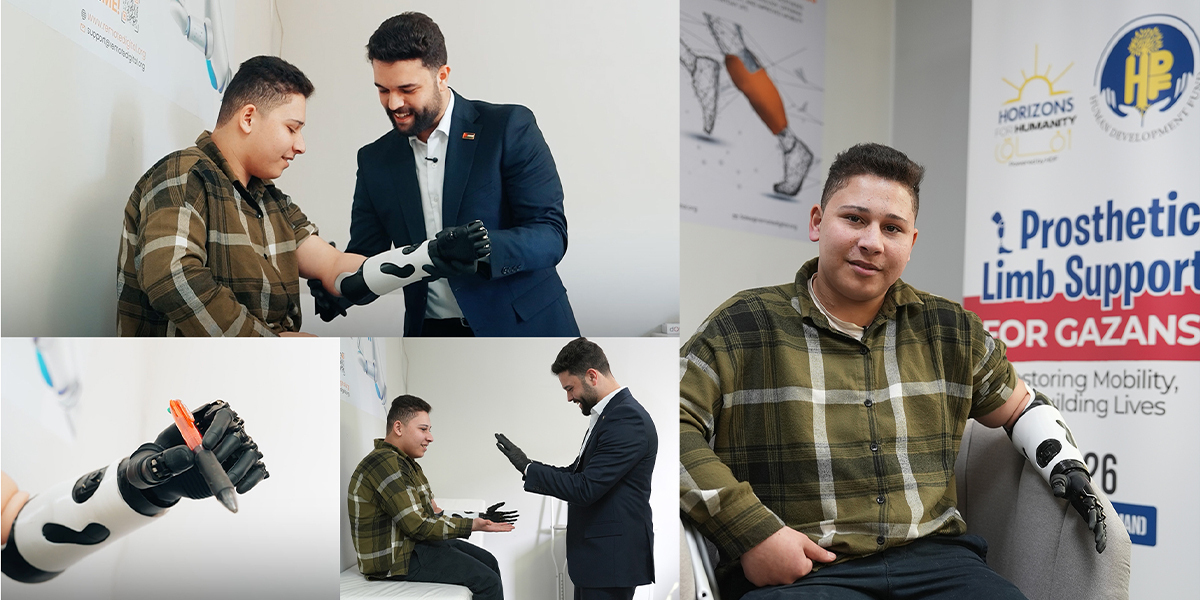 A boy in Jordan being fitted for a new prosthetic arm by an HDF team member